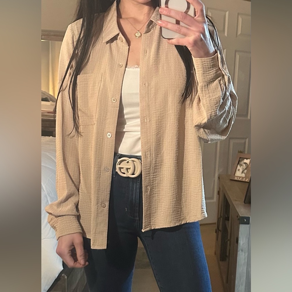 Tan Long Sleeve Boxy Button Down Shirt
